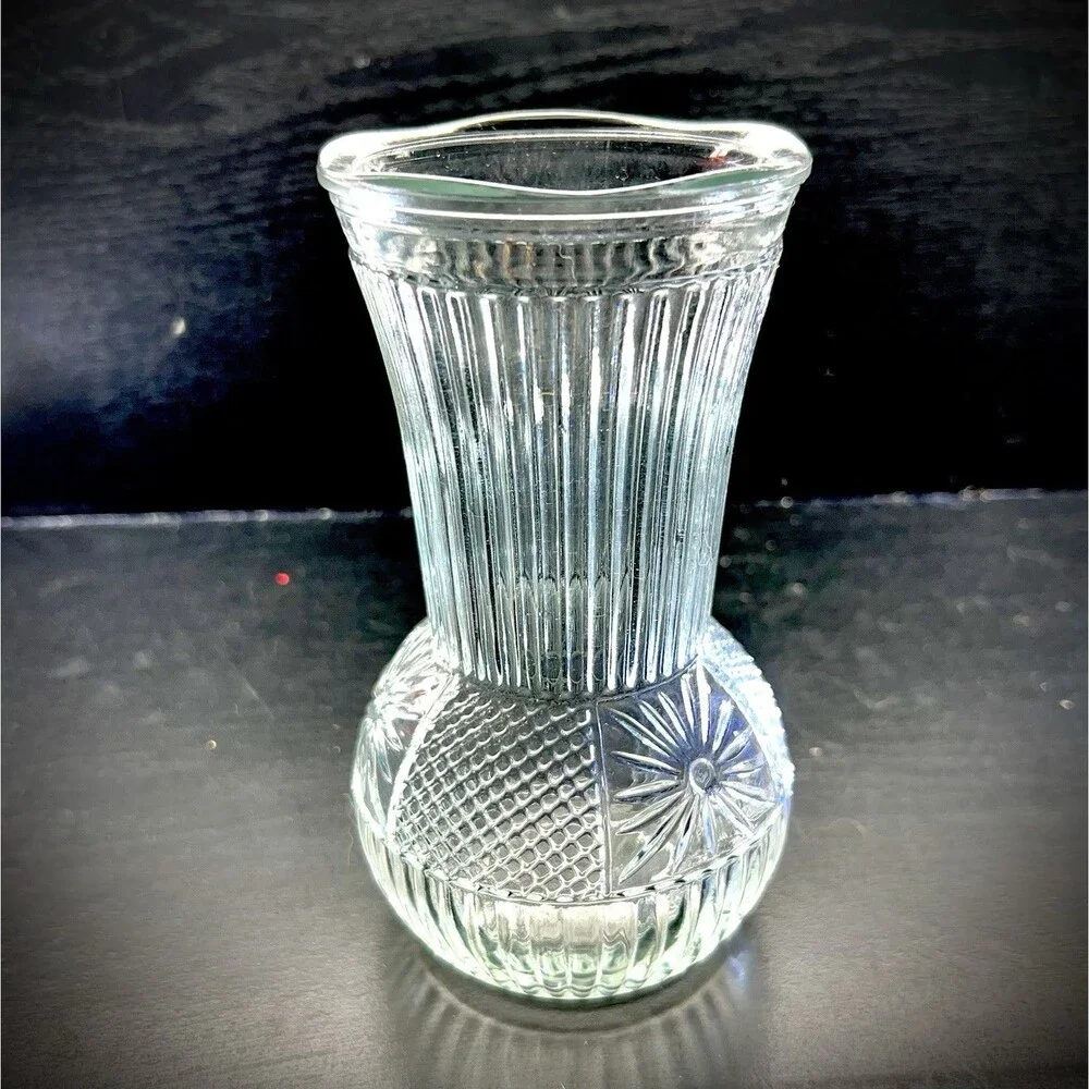 Vintage Clear Pressed Glass 6.5”Flower Vase- Ribbed & Starburst Diamond Design